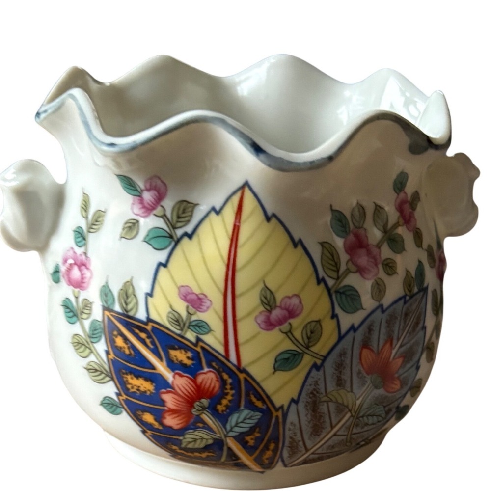 Tobacco Leaf Fine China Small Cachepot Planter Scalloped Rim Multicolored Floral